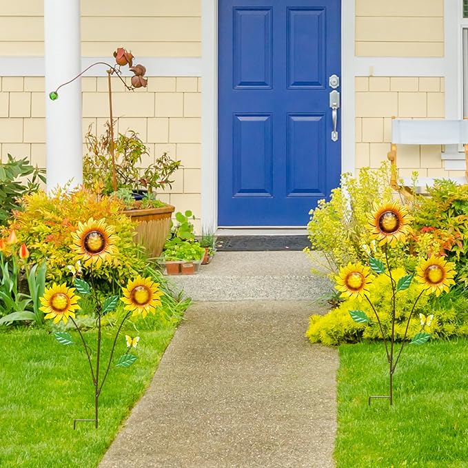 30" Metal Flowers for Outside Garden Stakes Decorative - 3-Head Sunflower Metal Yard Art Outdoor and Garden Decor, Spring Lawn Ornaments for Porch Backyard Patio, Rustproof Garden Gifts