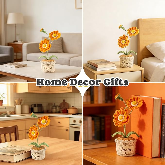 Crochet Flowers with Personalized Leather Name Tag Handmade Knitted Flowers for Home Office Desk Decor Crochet Zinnia Potted Plant for Women Crochet Everlasting Flower Birthday Gifts(Orange)