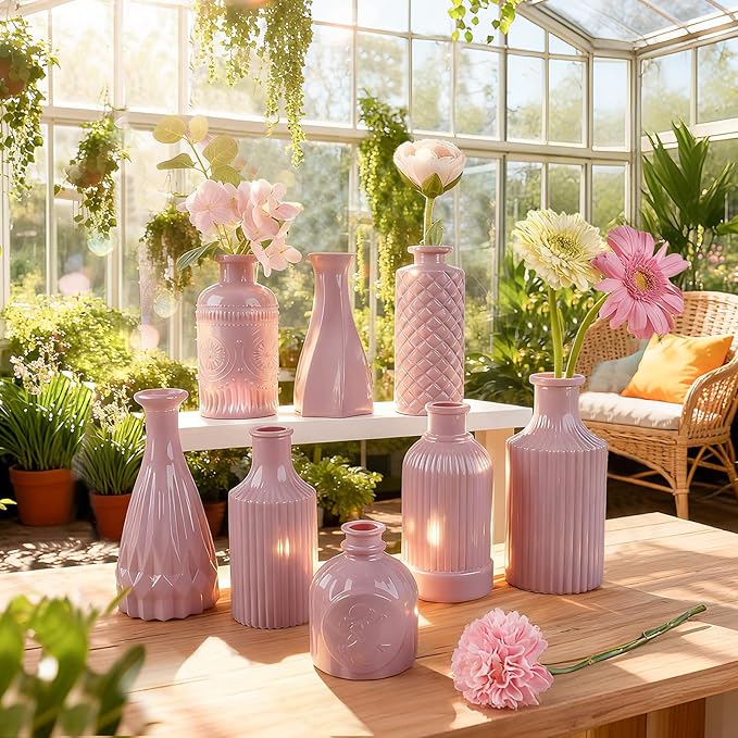 TBWIND Blush Pink Glass Bud Vase Set of 12 – Mini Vintage Vases for Flowers, Centerpieces, Wedding & Home Décor