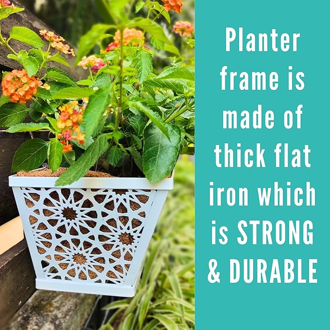 LaLaGreen Window Boxes Planters for Outdoor Plants (2 Pack, 24 Inch) Rectangular Fence Hanging White Metal Deck Railing Flower Box with Coco Liner Modern Horse Troughs Balcony Patio Porch Rail Decor