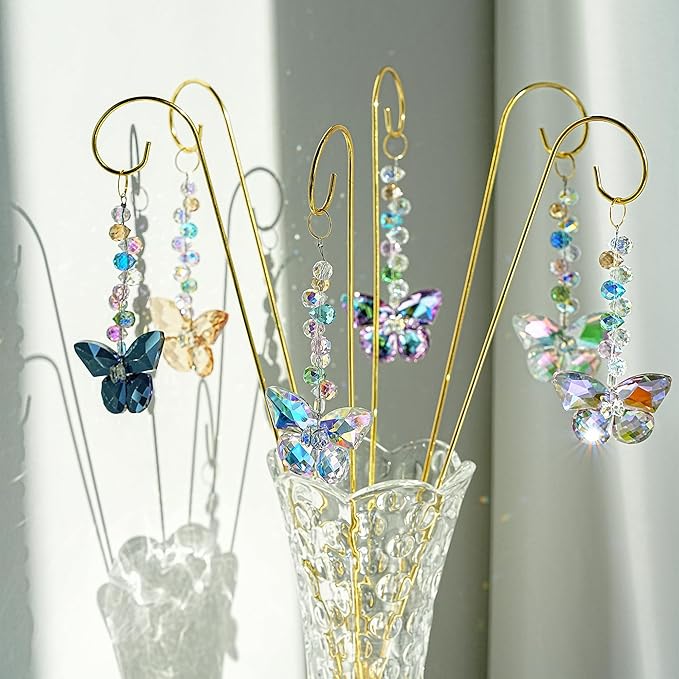 H&D HYALINE & DORA 6 Pack Colorful Butterfly Crystal Suncatcher Plant Stake Plant Stake with Golden Small Trellis Indoor Outdoor Garden Sun Catchers Decor