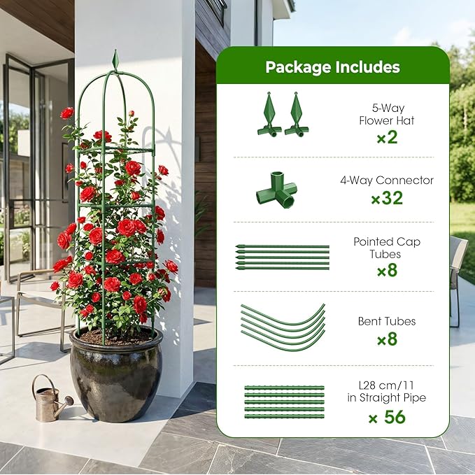 2 Pack Garden Obelisk Trellis for Climbing Plants, 6 FT Metal Rustproof Plant Support Rose Trellis, Tower Potted Cages for Flowers Fruits Vegetable Vines Indoor & Outdoor, Green(4 Tiers)