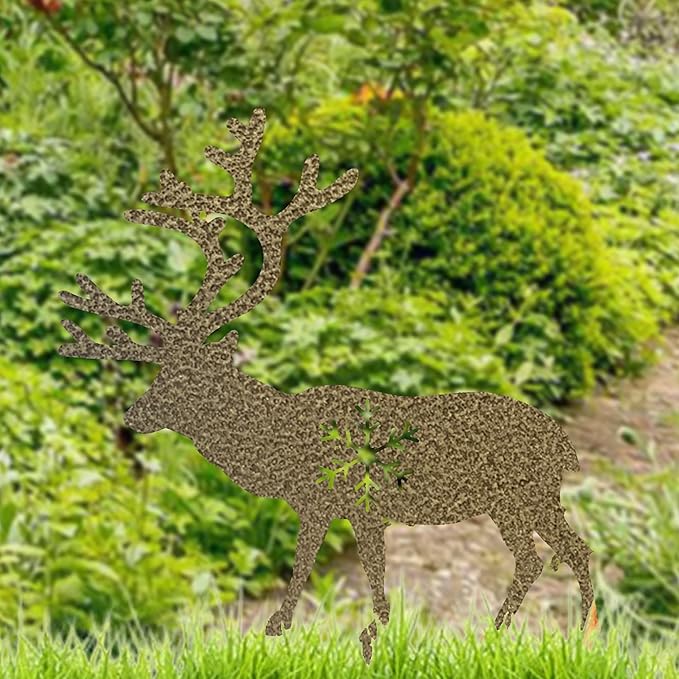 Deer Garden Stake Rustic Elk Moose Outdoor Decor Yard Art Ornament Country Hunting Theme Weathered Wildlife Metal Decor,Bronze