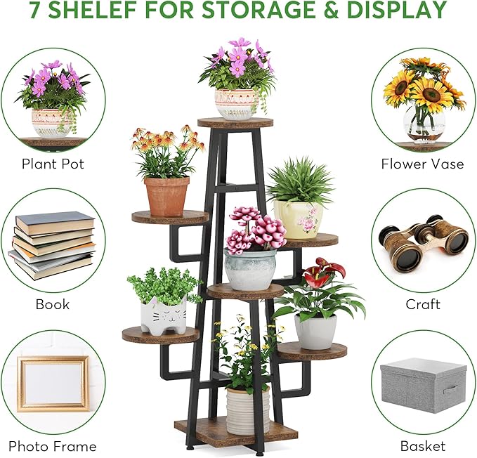 LITTLE TREE 7 Tier Plant Stand Indoor Tall Plant Shelf Corner Plant Pots Holder Rack Flower Stand for Living Room Balcony Garden, Rustic Brown