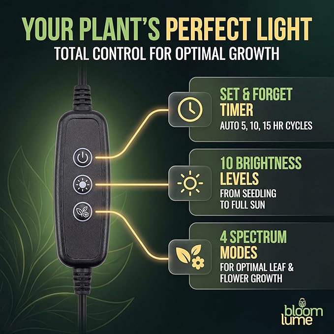 Bloom Lume LED Grow Lights for Indoor Plants Full Spectrum - Features Multi Mode Color Spectrums, Dimmable, Auto Timer, Clip on Goosneck Plant Lamp