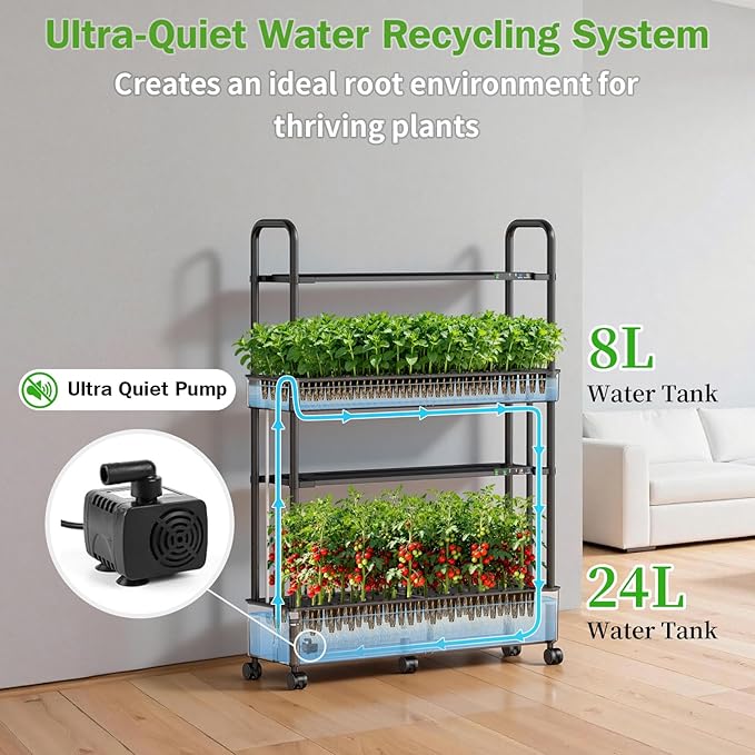 Growell Large Hydroponics Growing System Kit, 60 Pods Vertical Indoor Herb Garden Kit with 2 Light Modes & Auto Circulating Water System, 32L Movable Indoor Gardening System for Herb Vegetable Fruit