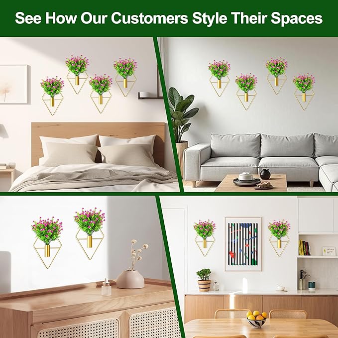 2 Pack Wall Decor Hanging Planters with Artificial Plants Metal Hanging Vase Indoor Plants Holder Modern Boho Wall Art for Bathroom Bedroom Living Room Office (Gold Eucalyptus)