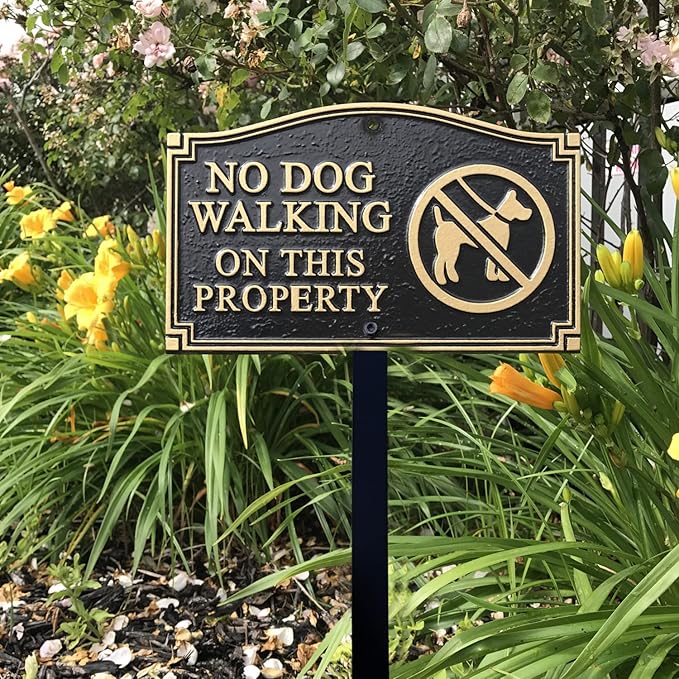 SmartSign “No Dog Walking On This Property” GardenBoss Statement Plaque | 5.75" x 9.5" Aluminum Plaque with 18" Black Lawn Stake, Made in USA