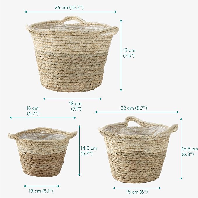Navaris Seagrass Hanging Plant Pot Set - Decorative Indoor House Plant & Flower Pots with Jute Rope - Woven Basket Pattern for Home Storage - Small, Medium and Large Planters