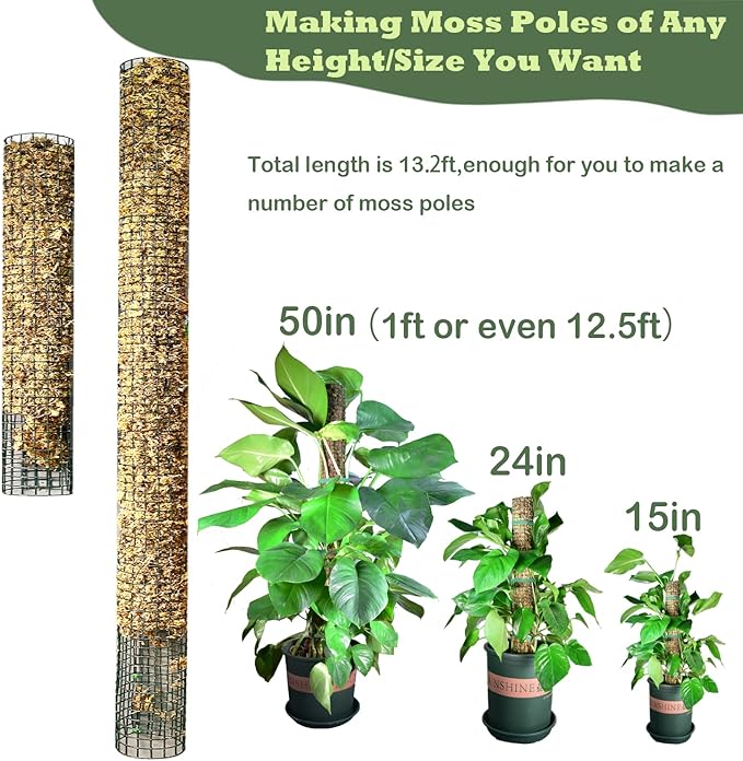 Moss Pole DIY Kit, 13.2ft Metal Moss Pole for Plants Monstera, 4Pcs 8.3in×3.3ft Steel Wire Mesh with Cable Ties, Max Make 7Pcs 23" Sphagnum Moss Pole (13.2FT Wire Mesh Without Plier)