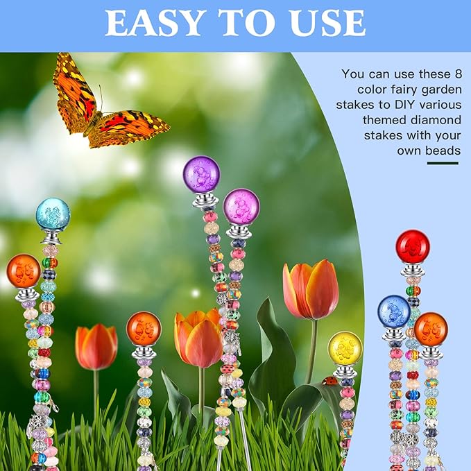 Therwen Pack of 8 DIY Mini Garden Beaded Stakes Wands Kit Include 8 Pcs Threaded Rods, 8 Pcs Hex Nuts and 8 Diamond Stopper Tops Outdoor (12 Inch, 8 Mixed Diamond Top Color)