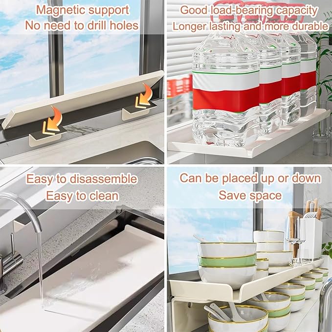 Window Sill Extender Plate, 23.6in White Countertop Extension Board, Carbon Steel Storage Shelf With Magnetic Base For Kitchen Organization Storage