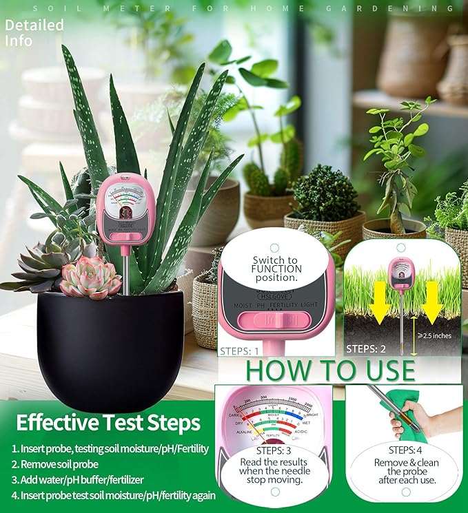 HSLGOVE 4-in-1 Soil Test Kit – Soil Moisture Meter, pH, Fertility & Sun-Light, No Battery Required, Large Dial Soil Tester for Indoor & Outdoor Gardening, Lawn, Farm –Rose Pink