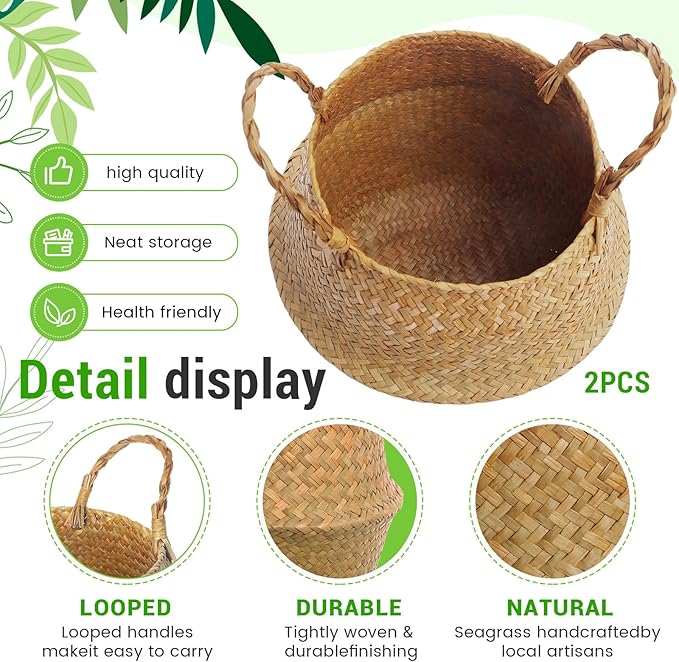 Knitgrip Large Wicker Plant Basket with Handle 10 Inch Woven Seagrass Belly Basket and Artificial Moss for House Plants Picnic Grocery Laundry Storage Home Decor(Large,Original,2 Pack)