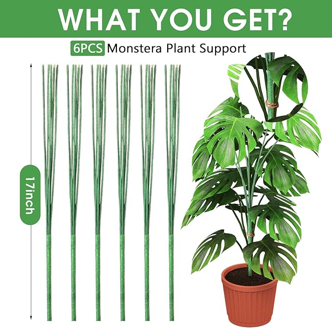 6 Pack 17'' Climbing Plant Support Stakes Moss Pole Monstera Plant Climbers Trellis Plants Stem Supports for Indoor Outdoor Climbing Potted Plants Flower Grow Upwards Green