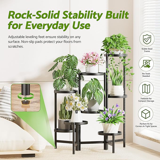 Black Stand Plants, Metal Tiered Plant Stands Indoor, 8 Tier Corner Flodable Plant Stand Outdoor Planter Flower Pot for Multiple Plants, Floding Display Racks for Patio Porch Balcony