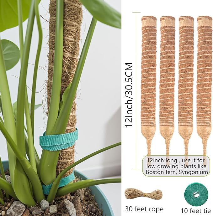 4 Pack Bendable Moss Pole 12 Inch, Monstera Plant Support Stake,Coco Coir Pole Sticks for Indoor Plants,Climbing Potted Plants，Pothos, Philodendron with Plants Ties