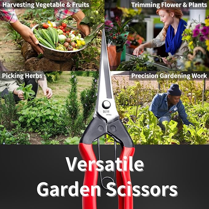Japanese Garden Shears Long Blade 7.9" for Plants - Needle Nose Pruners with Pointed Tips - Sharp Japanese Stainless Steel Blade & Spring Loaded Handle - Made in Japan