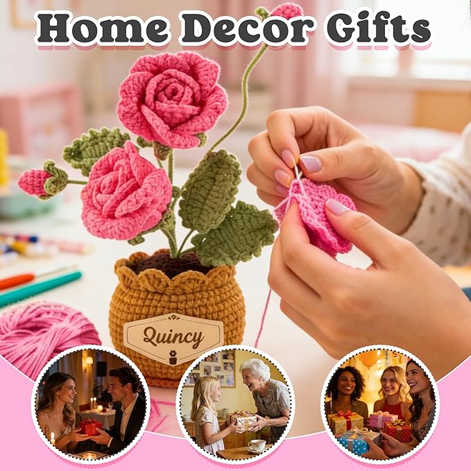 Crochet Flowers with Personalized Leather Name Tag Handmade Knitted Flowers for Home Office Desk Decor Crochet Rose Flower Potted Plant Crochet Gift for Women,Mom,Teacher, Birthday(Pink)