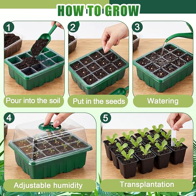 24 Pack Seed Starter Tray Seedling Kit with Adjustable Humidity Dome and Base Indoor Plant Germination Tray Mini Greenhouse Germination Kit Planter Starter for Plant Growing Starting