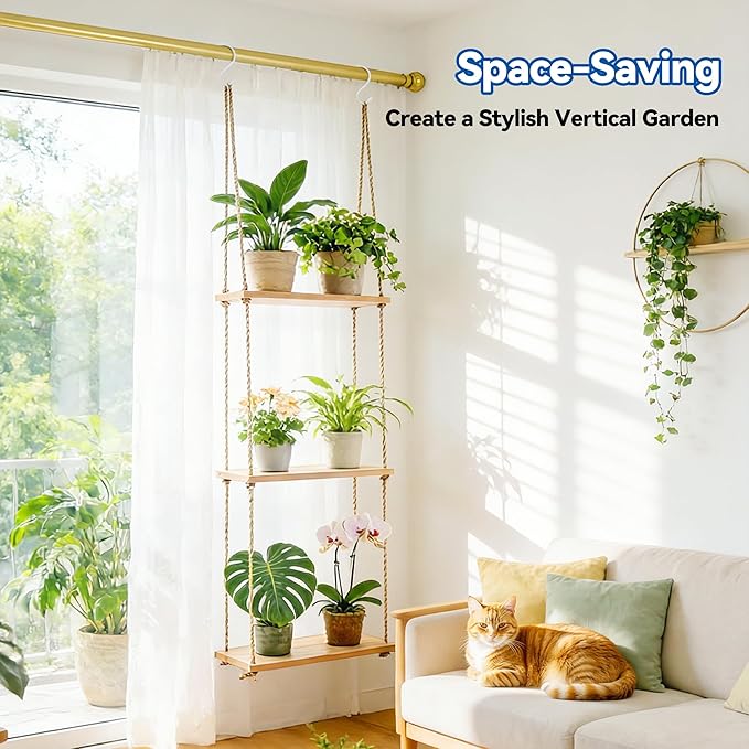 3 Tier Window Plant Shelves, Hanging Wood Floating Shelves for Living Room Bedroom Small Windows, Space-Saving Window Sill Shelf Indoor for Succulents, Herbs