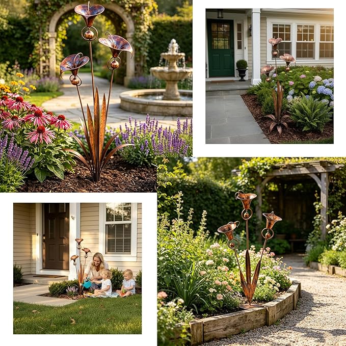 Flamed Copper Calla Lily Garden Stake with 3 Bells - 24" Large Metal Rain Catcher Flower Sculpture, Weather-Resistant Outdoor Yard Art Decor for Patio, Backyard & Gardening Gift (2 pcs)