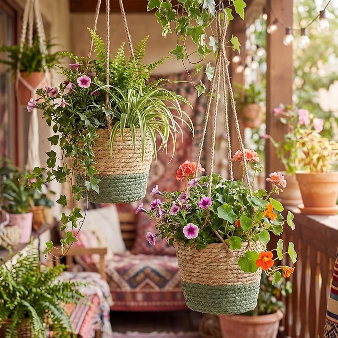 6 Pcs Seagrass Hanging Planter Basket Hand Woven Plant Basket with Plastic Liners Hanging Plant Holder Storage Containers with Cotton Rope for Indoor Garden Decor (Small,Brown,Green)