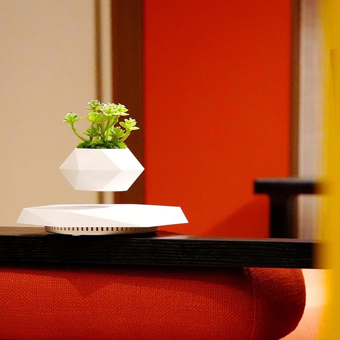Levitating Plant Pot, Magnetic Levitation Flower Pot Rotating Planters Suspension Floating Plant Succulents Potted for Home Living Room Office Desk Decoration (White)