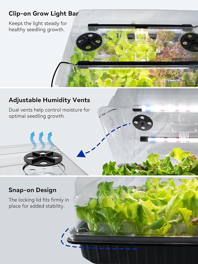 GLOWRIUM Seed Starter Tray with Grow Lights, 2 Pack 108-Cell Seed Starter Kit with 4.3" Humidity Dome, Indoor Seedling Starter Tray with 3/9/12/16h Timer, Adjustable Brightness Seed Starting Trays