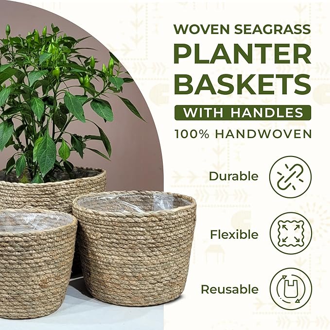 Set of 3 Woven Seagrass Planter Baskets – Handwoven Decorative Storage Baskets for Indoor Plants, Boho Home Decor, Living Room & Entryway Display – No Handle Design