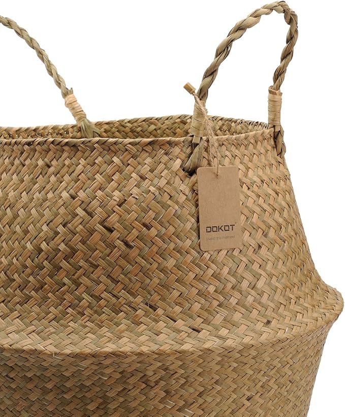 Large Woven Seagrass Belly Basket for Plant, Grocery, Picnic, 12" Diameter x 14" Height