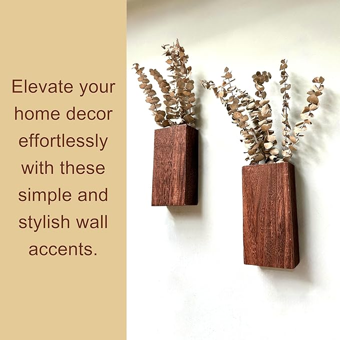 LaLaGreen Wood Wall Planters (8 Inch, 2 Pack) 12 Stalks of Eucalyptus Dried Leaves, Wooden Box Vase for Indoor Hanging Planter Flower Rustic Decor Home Living Room Bathroom Modern Farmhouse Decoration