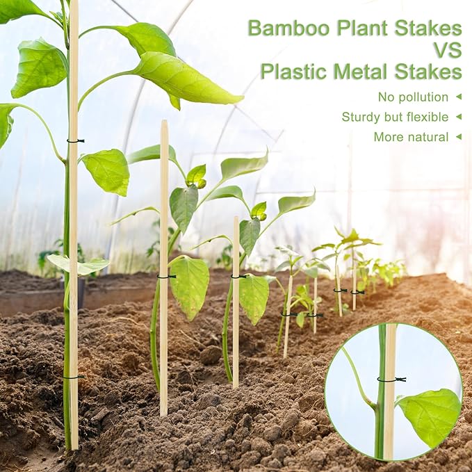 46 PCS Bamboo Plant Stakes 18 Inch, Wood Plant Support for Gardening for Potted Floral Plant, Indoor Wooden Sign Posting Garden Stick, Crafts Sticks with 46 PCS Wires(4")