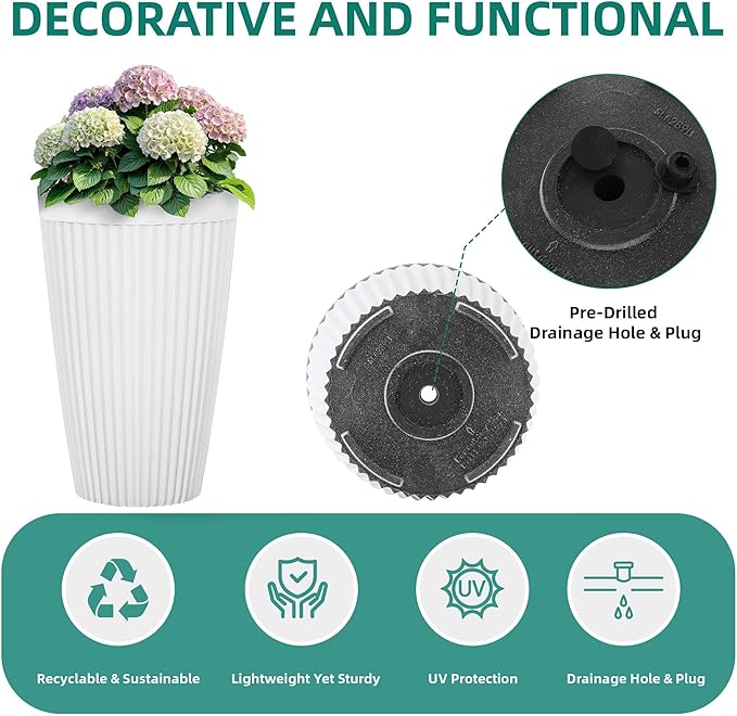 Autodaya 20" Tall Planters Set of 2, High-Density Resin Fluted Outdoor Pots for Plants, Versatile Indoor/Outdoor Flower Pots w/Drainage Holes for Patio, Garden, Porch & Living Room Decor, Ideal Gift