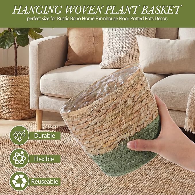 6 Pcs Seagrass Hanging Planter Basket Hand Woven Plant Basket with Plastic Liners Hanging Plant Holder Storage Containers with Cotton Rope for Indoor Garden Decor (Small,Brown,Green)