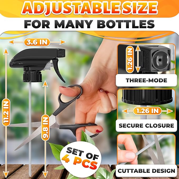 4 Pack Spray Nozzle for Bottles – Replace Broken Sprayers in Seconds with Spray Bottle Nozzle Replacement – Fits 8 Oz & 16 Oz Bottles, Trim-To-Fit Tube, Mist & Stream Modes, Secure Fit Trigger Sprayer