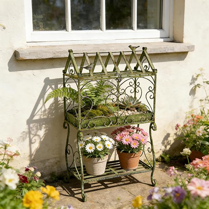 Vintage 2-Tier Metal Plant Stand House Shape Planter, 24"H Distressed Green Plant Holder Decorative Planter Shelf for Ferns, Succulents, Air Plants, Small Potted Plants, Farmhouse Indoor Home Decor