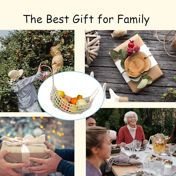 Hanging Fruit Hammock Under Cabinet, 13×16in Macrame Hanging Fruits Basket with 4 Hooks Fruit Net Banana Hammock Hanging Storage Veggie Hanger Basket for Kitchen Home Boat Rv(Beige)