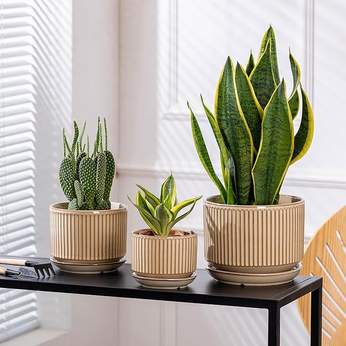 SURE YUESI Beige Ceramic Plant Pots Set of 3 (4.3”+5.5”+6.7”), Striped Planters with Drainage Hole, Saucer & Mesh Pads, Decorative Pots for Indoor & Outdoor Plants