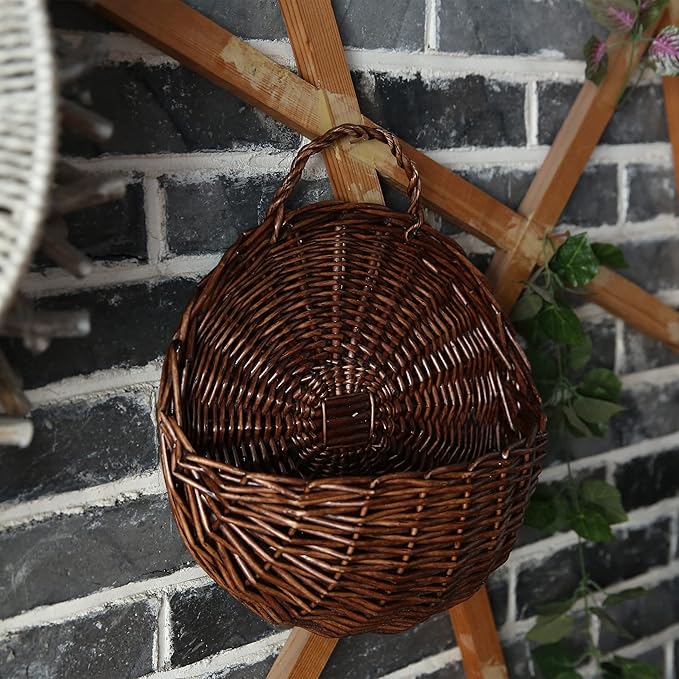 JJSQYLAN JJSQ Handmade Woven Wicker Hanging Storage Basket, Wall Decorations for Home Garden Wedding, Brown, 14.2×11.8×4.7 inch