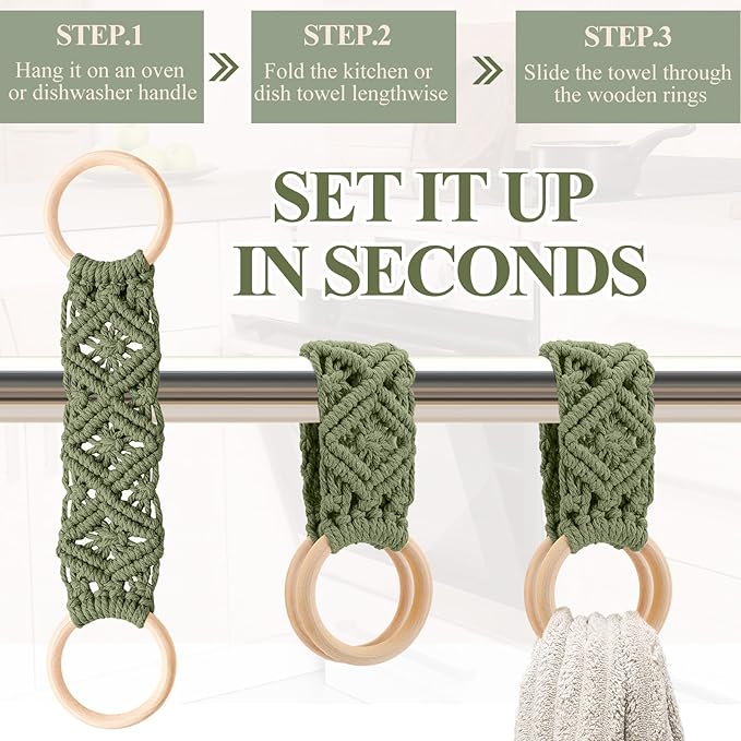 Tioncy 4 Pcs Kitchen Dish Towel Holder Gifts for Mother Boho Handmade Crochet Hanging Towels Loop Ring Knit Towel Hanger for Cabinet House Oven Stove Door, 4 Colors(Sage Green)