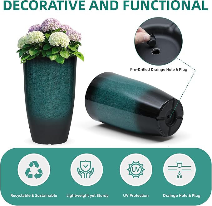 Autodaya 23.8" Tall Outdoor Planters Set of 2, Ceramic-Look Large Flower Pots for Indoor Outdoor Plants, All Seasons for Porch, Balcony, Garden, Patio or Home Art Decor, Gradient Turquoise Finish