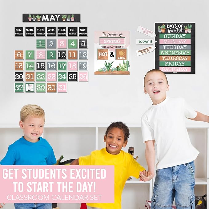 Hadley Designs Classroom Calendar Set Bulletin Board Decorations - Cactus School Calendar for Classroom Decor, Kindergarten Preschool Elementary Teacher Must Haves, Homeschool & Daycare Essentials