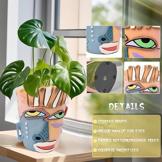 Midogaigai Abstract Face Planters Pots Head,Unique Head Planter for Indoor Plants,Funny Face Flower Pot,Colorful Plant Pots for Outdoor Garden Decor and Home Art Decoration(Contemporary)