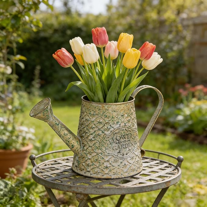 Vintage Green Metal Flower & Garden Watering Can, Rustic Farmhouse Decorative Watering Pot Planter for Home Patio Backyard Outdoor Plant Care