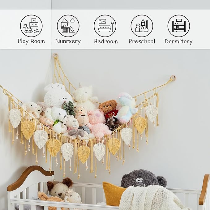 Pretty Jolly Macrame Stuffed Animal Hammock with Beads Hand Woven Leaf Tassels Corner Hanging Net Boho Plush Holder for Kid Room Nursery Decor Easy Install Organizer for Girls Gift(Yellow)