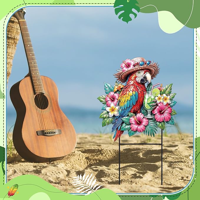 Amyhill Summer Outdoor Decor Tropical Parrot Metal Garden Stakes 25 Inch Jungle Leaves Floral Welcome Yard Signs Decorations Decorative Garden Stakes for Patio Lawn Walkway Backyard Porch Decorations