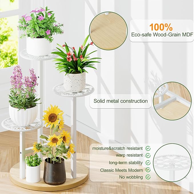 3 Tier Plant Stand Indoor Outdoor, Tall Metal Wood Shelf Corner Flower Pot Tiered Flower Pot Stands for Patio Garden Balcony Living Room Bedroom