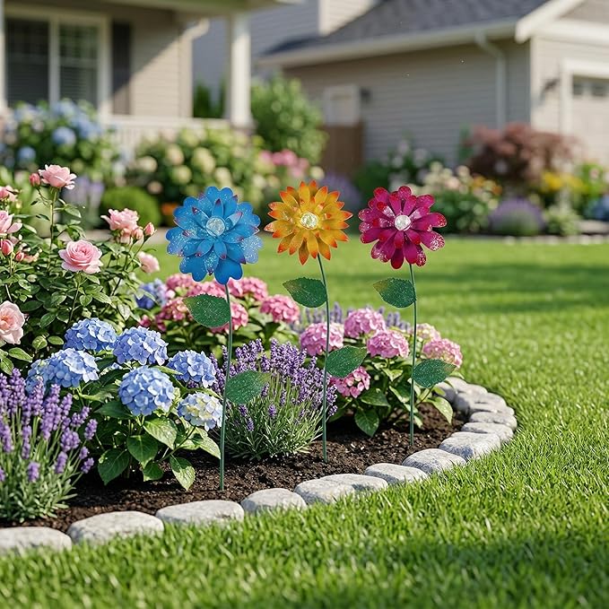 TZSSP 3-Pack Floral Garden Stakes Decor Tricolor Outdoor Glow in Dark,14 inch Metal Flowers Outdoor Decor Waterproof Metal Flower Sticks for Patio, Lawn, Yard Decorations