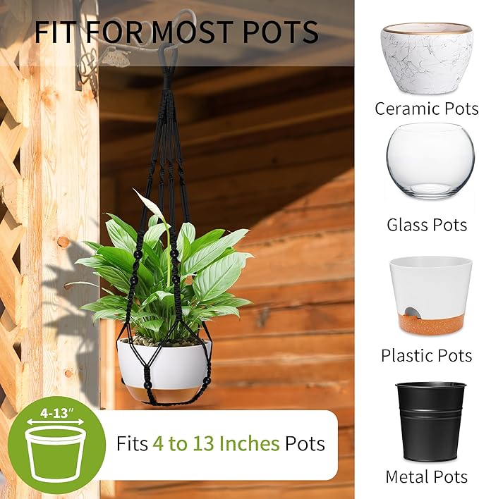 Macrame Plant Hanger - Fits 4 to 13 inches Pots for Indoor Outdoor, 35 Inch, Set of 2, Black (POTS NOT Included)